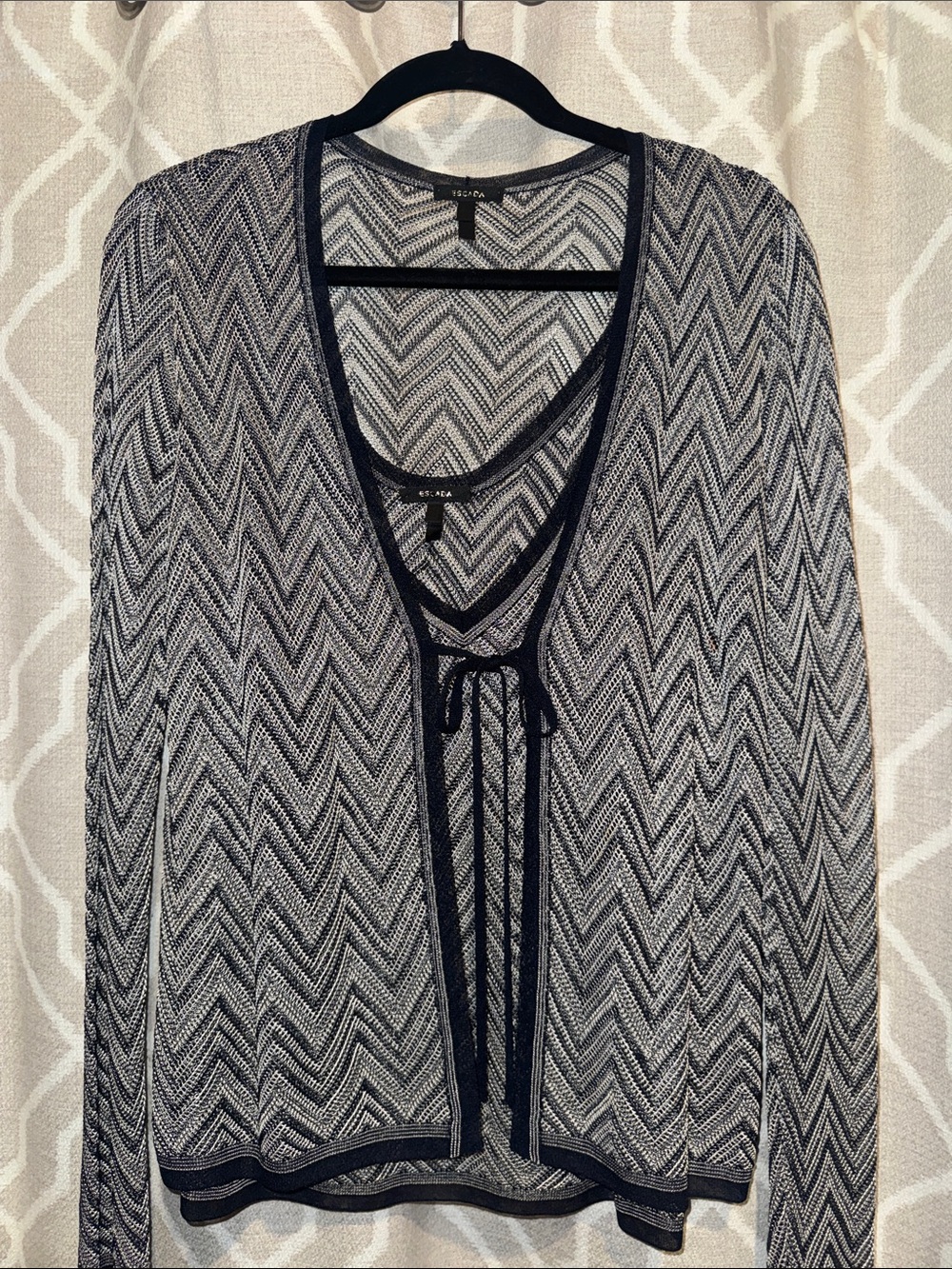 Escada Black & White Chevron Tie-Front Cardigan & Tank Size 42